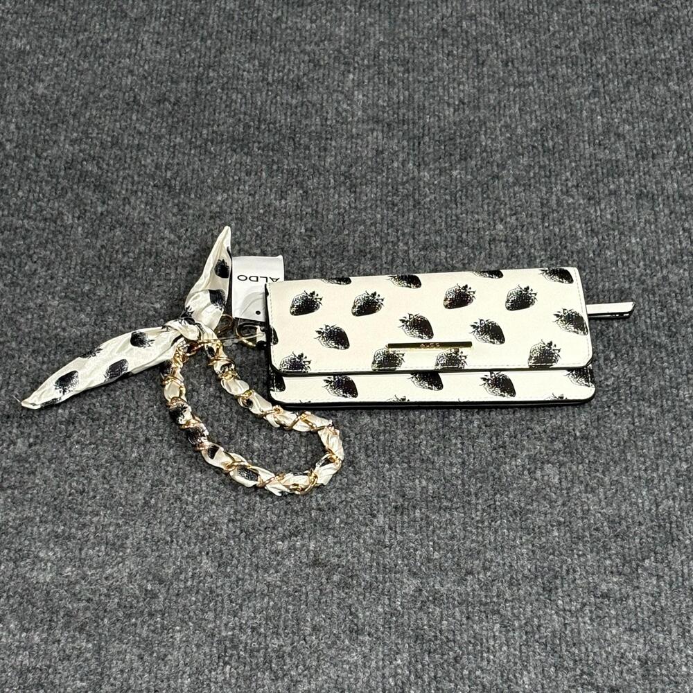 Aldo Wallet Wristlet Womens One Size Off White Strawberry Print Chain Strap Zip